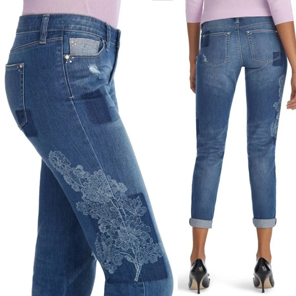 WHBM Patched Girlfriend Embellished Jeans